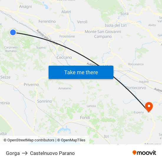 Gorga to Castelnuovo Parano map