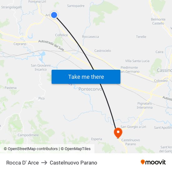 Rocca D' Arce to Castelnuovo Parano map
