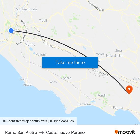 Roma San Pietro to Castelnuovo Parano map