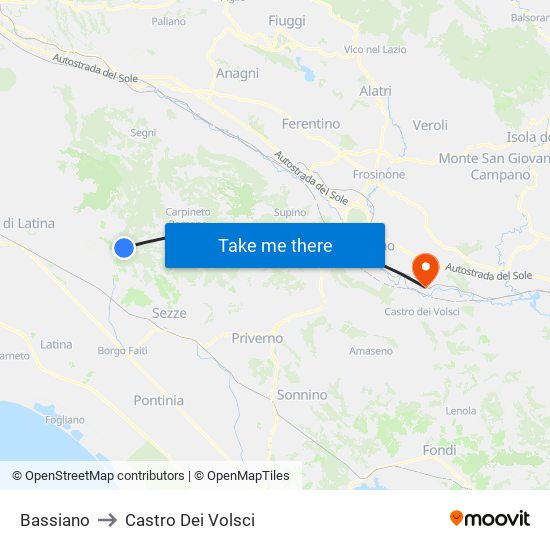 Bassiano to Castro Dei Volsci map