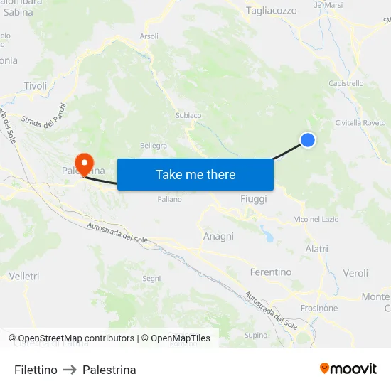 Filettino to Palestrina map