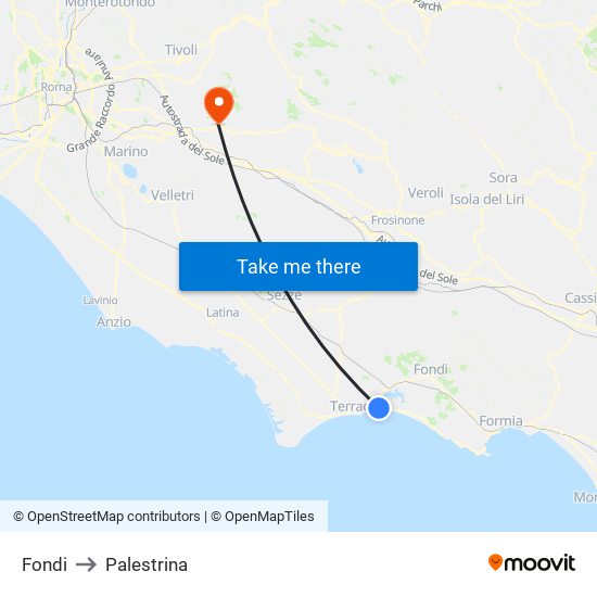 Fondi to Palestrina map