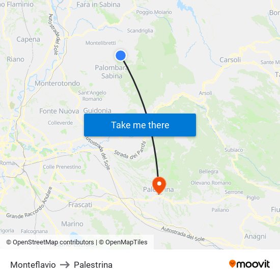 Monteflavio to Palestrina map