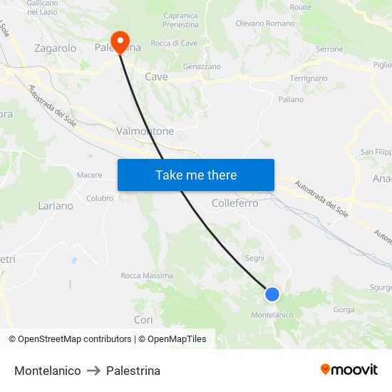 Montelanico to Palestrina map