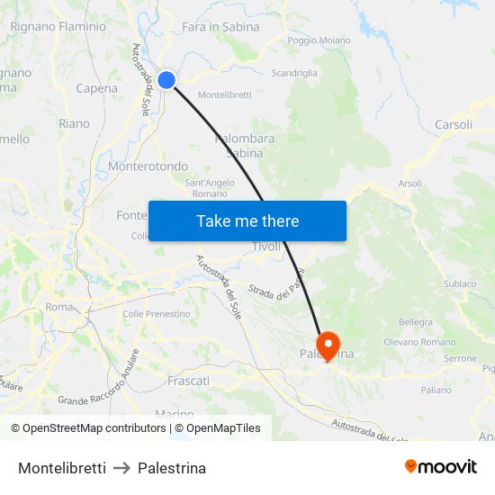 Montelibretti to Palestrina map