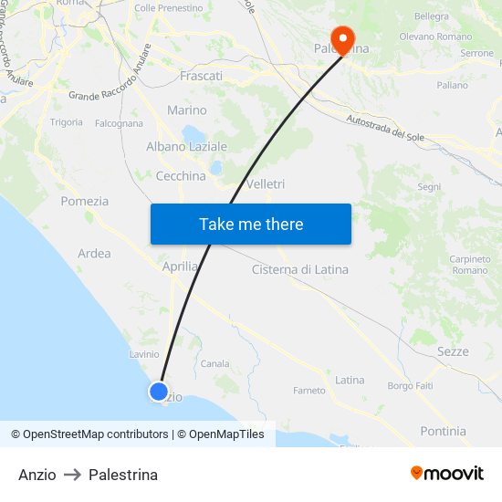 Anzio to Palestrina map