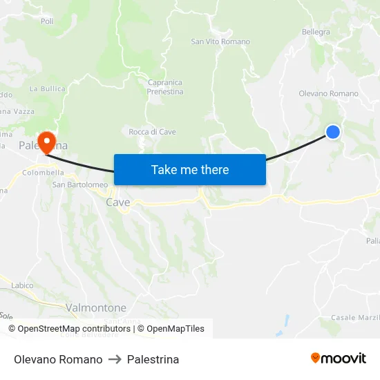 Olevano Romano to Palestrina map