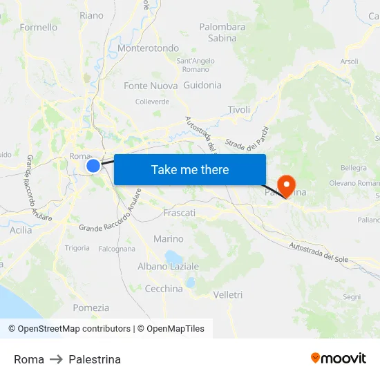 Rome to Palestrina map