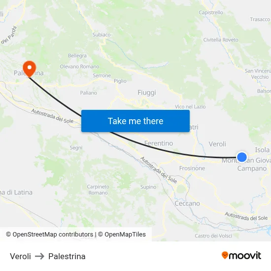 Veroli to Palestrina map