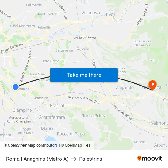 Roma | Anagnina (Metro A) to Palestrina map