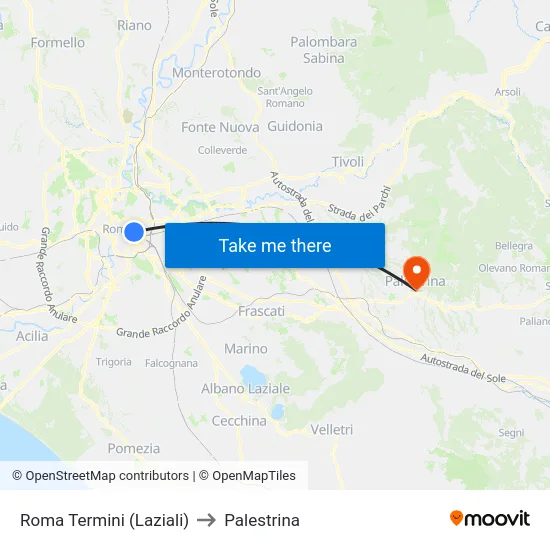 Roma Termini (Laziali) to Palestrina map