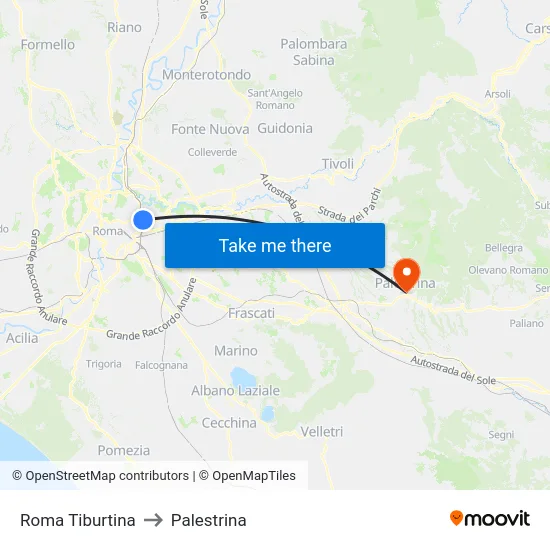 Roma Tiburtina to Palestrina map