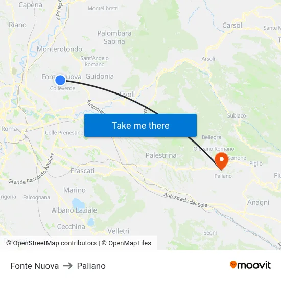 Fonte Nuova to Paliano map
