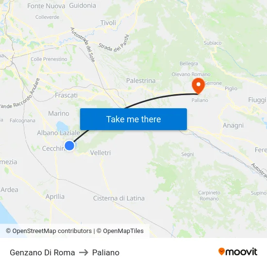 Genzano Di Roma to Paliano map