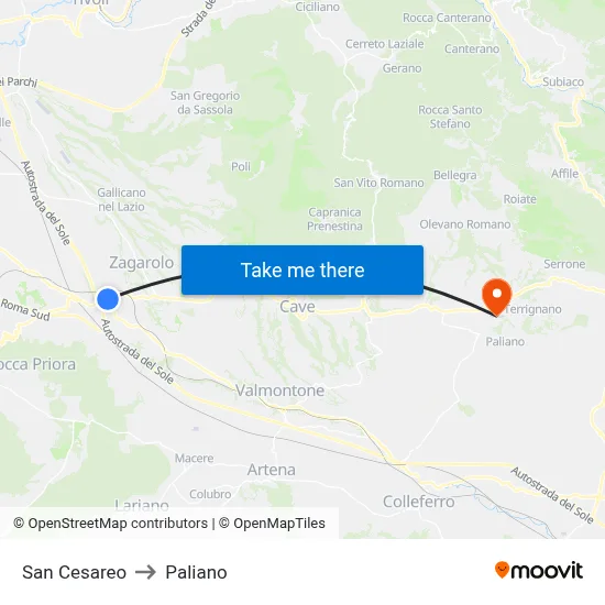 San Cesareo to Paliano map