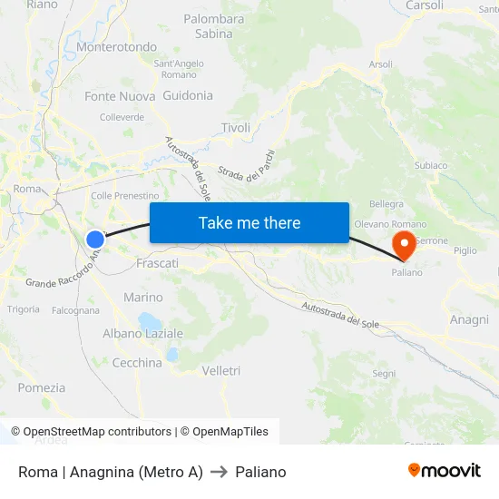Roma | Anagnina (Metro A) to Paliano map