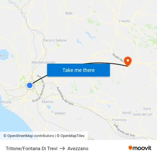 Tritone/Fontana Di Trevi to Avezzano map