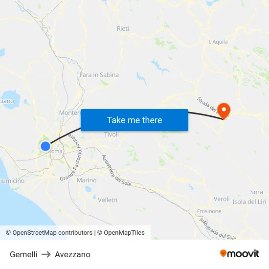 Gemelli to Avezzano map