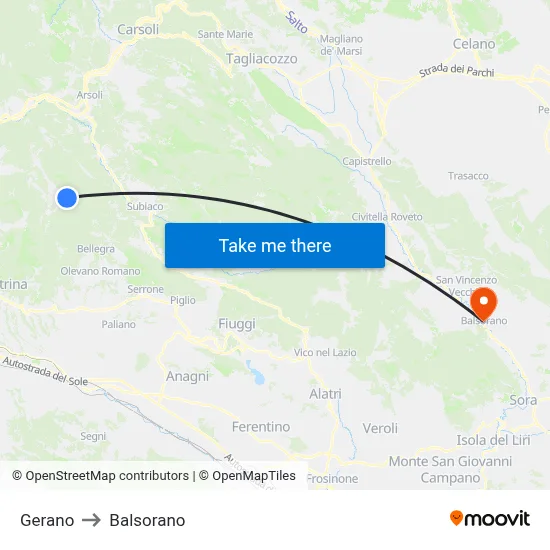 Gerano to Balsorano map