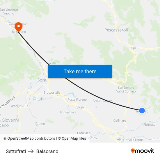 Settefrati to Balsorano map