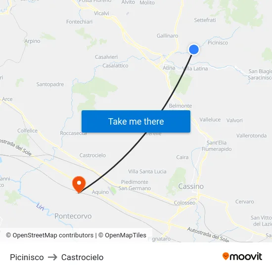 Picinisco to Castrocielo map