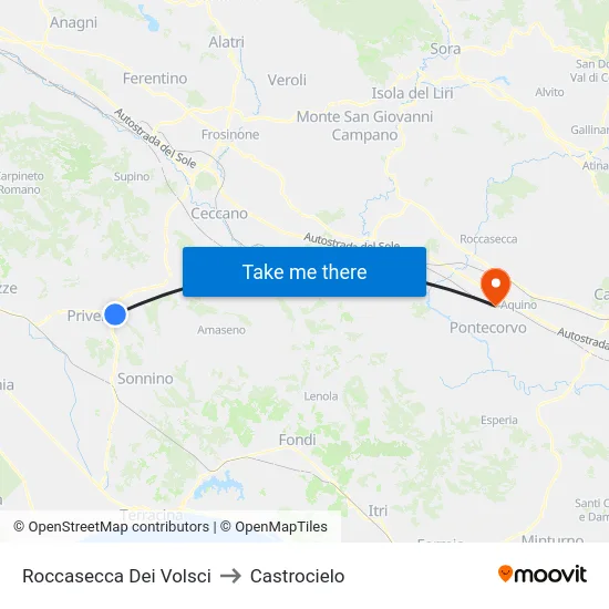 Roccasecca Dei Volsci to Castrocielo map
