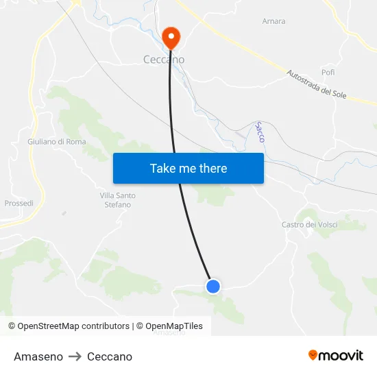 Amaseno to Ceccano map