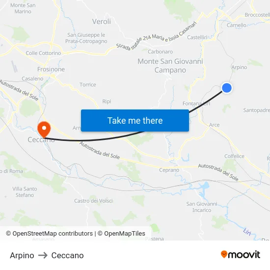Arpino to Ceccano map