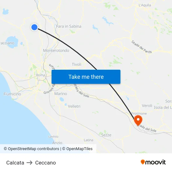 Calcata to Ceccano map