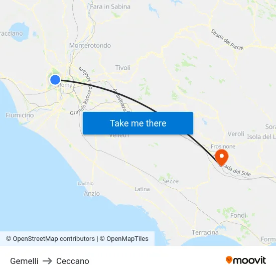 Gemelli to Ceccano map
