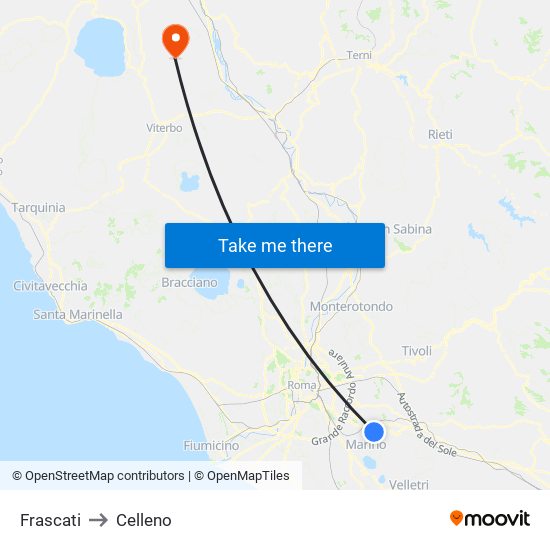 Frascati to Celleno map