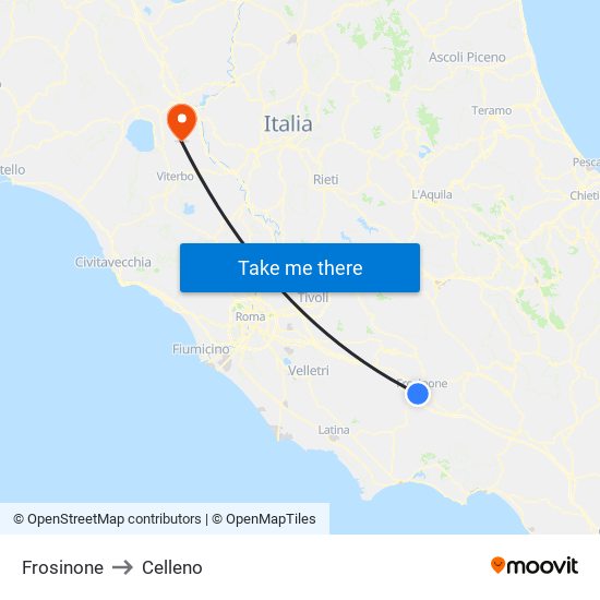 Frosinone to Celleno map