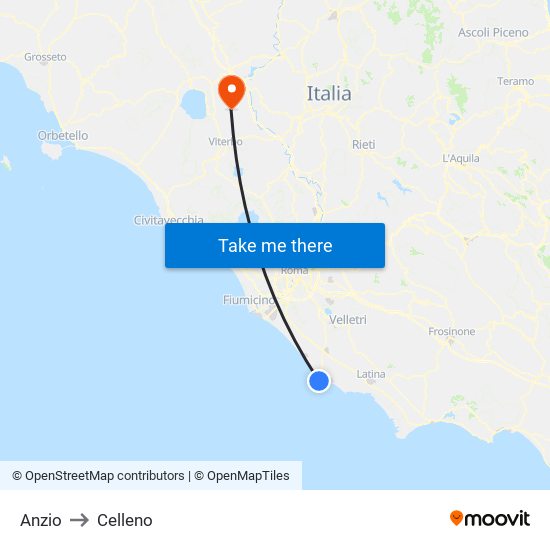 Anzio to Celleno map