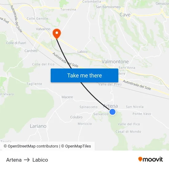 Artena to Labico map