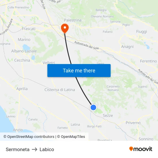 Sermoneta to Labico map
