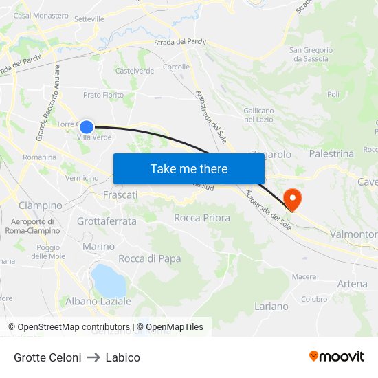 Grotte Celoni to Labico map