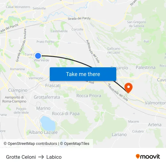 Grotte Celoni to Labico map