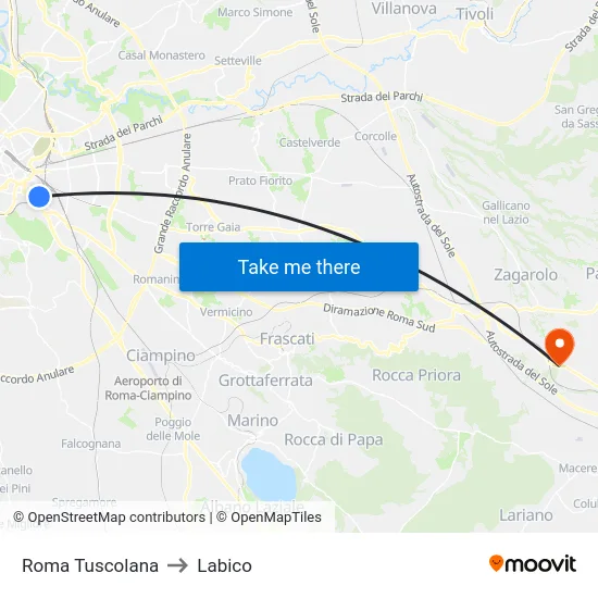 Roma Tuscolana to Labico map