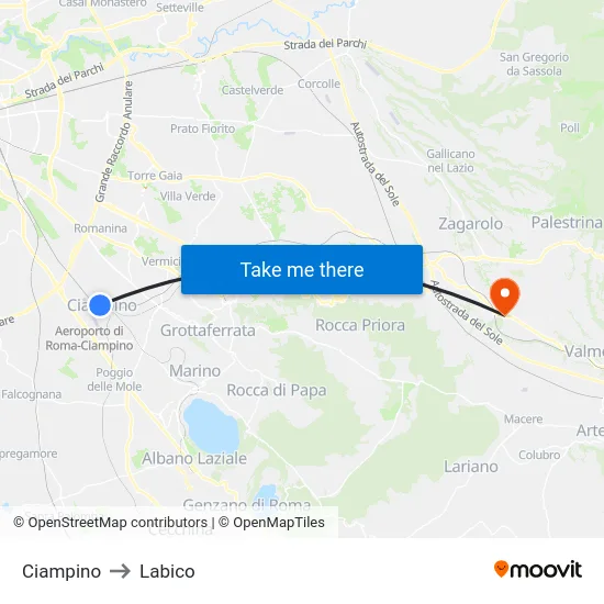 Ciampino to Labico map