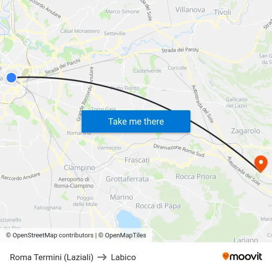 Roma Termini (Laziali) to Labico map