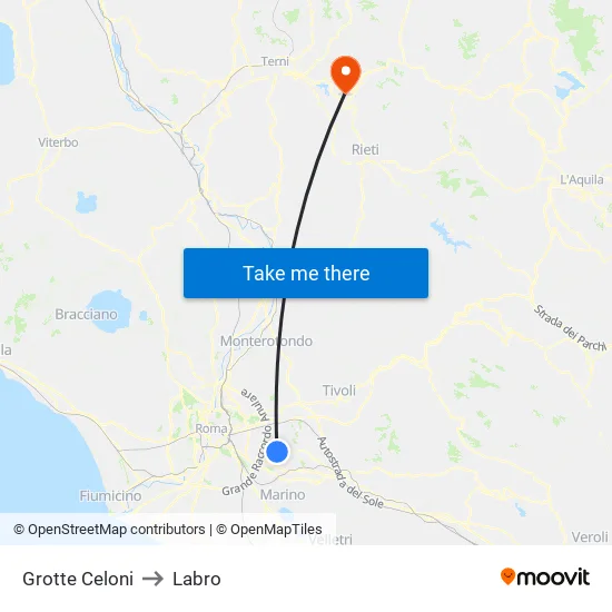 Grotte Celoni to Labro map
