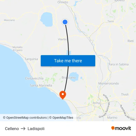 Celleno to Ladispoli map