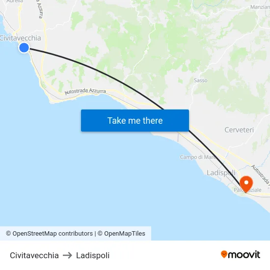 Civitavecchia to Ladispoli map
