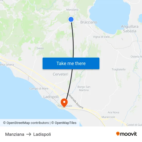 Manziana to Ladispoli map