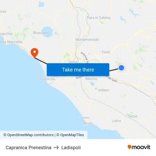 Capranica Prenestina to Ladispoli map