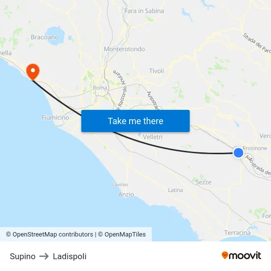 Supino to Ladispoli map