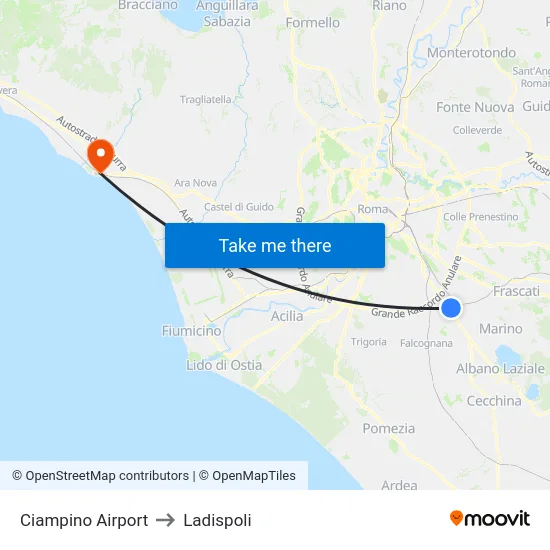 Ciampino Airport to Ladispoli map