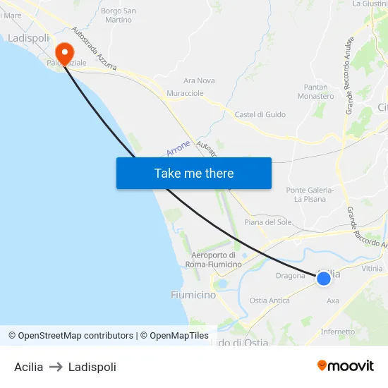 Acilia to Ladispoli map
