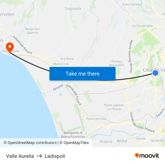 Valle Aurelia to Ladispoli map