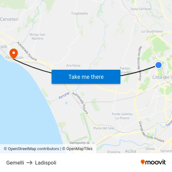 Gemelli to Ladispoli map